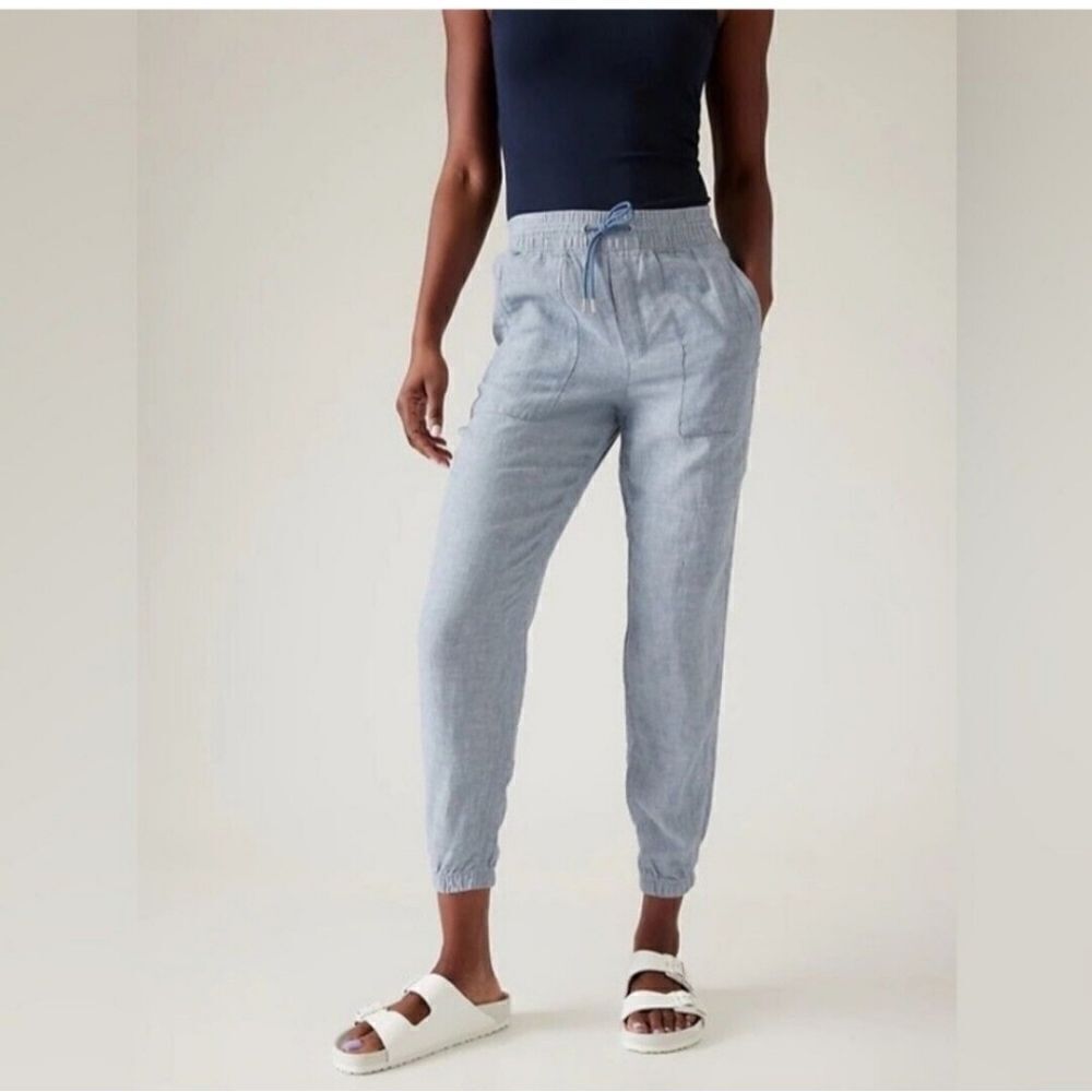 Athleta Womens Size 12 Retreat Linen Jogger Chambray Blue Drawstring Waist